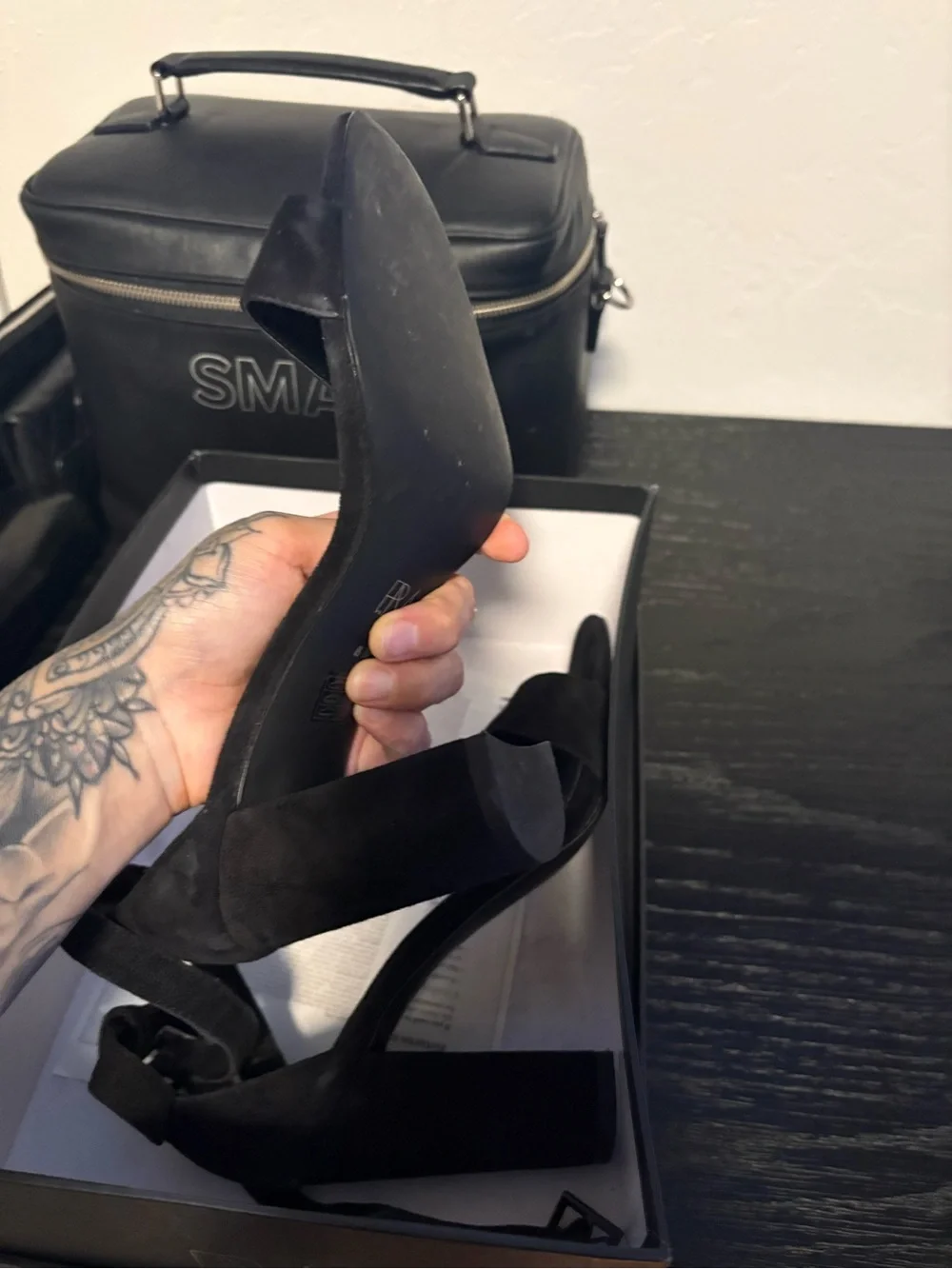 Pelle Moda Black Suede Ankle-Tie Block Heels